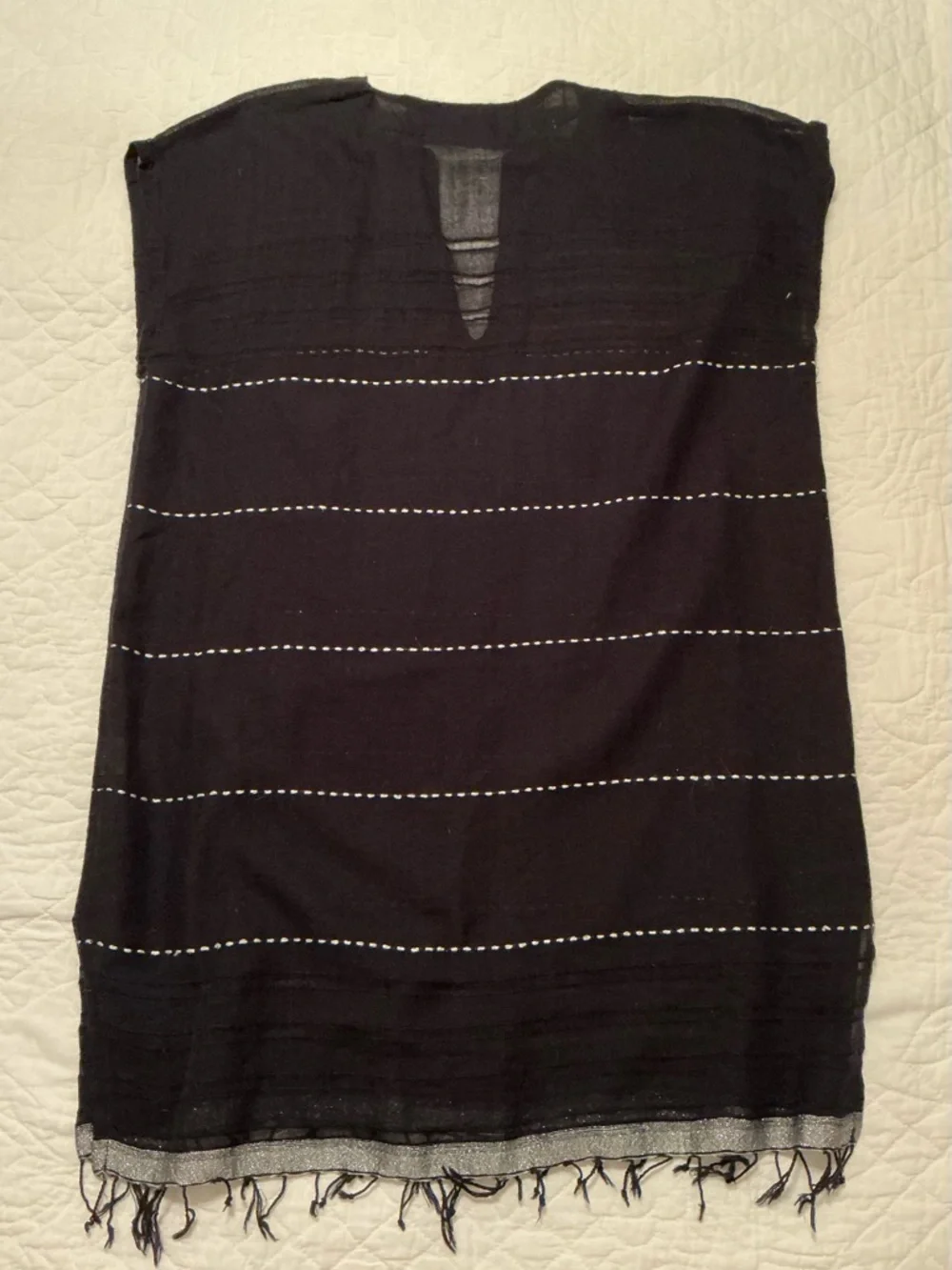 Lemlem Tikuri Tunic Swim Coverup Dress, Black, Silver Thread & Fringe Hem, Small - Picture 6 of 14